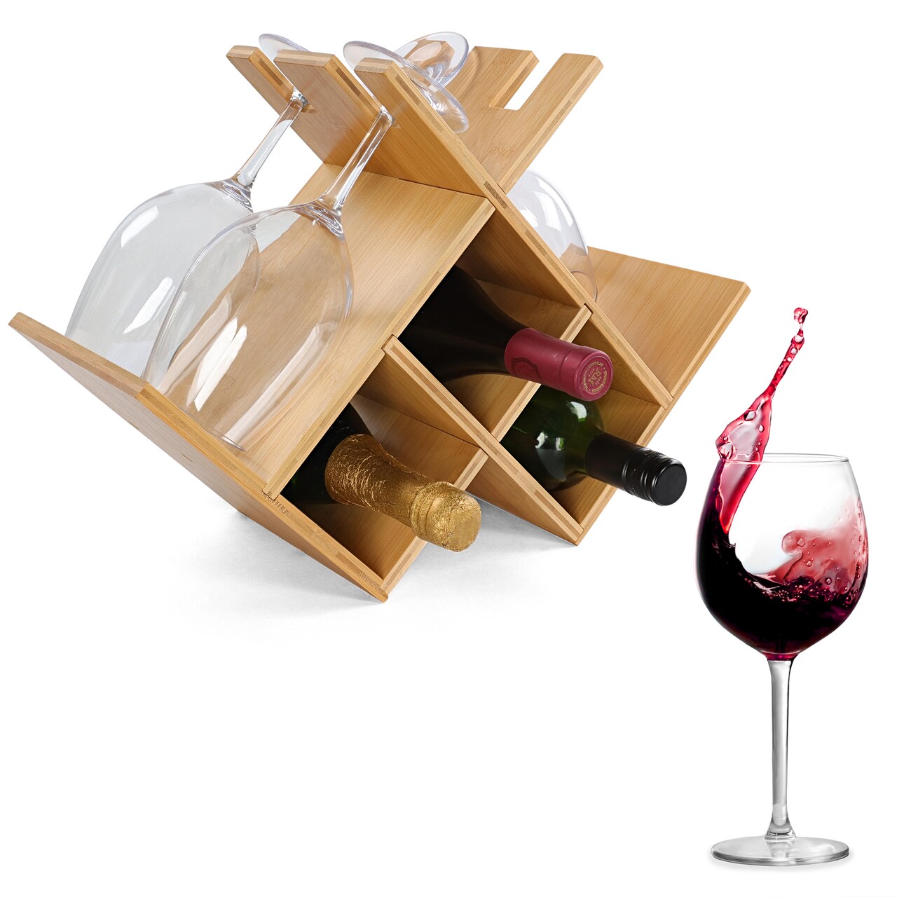 G Francis Wine Holder Countertop - 3 Bottle Wooden Wine Rack with Glass Storage